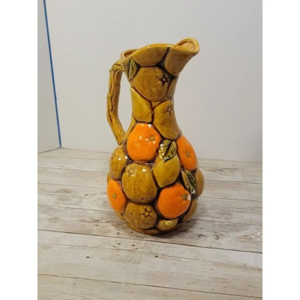 vintage Majolica Pitcher tropical w orange lemon-Japan-Inarco MCM Citrus Fruit - Picture 2 of 10